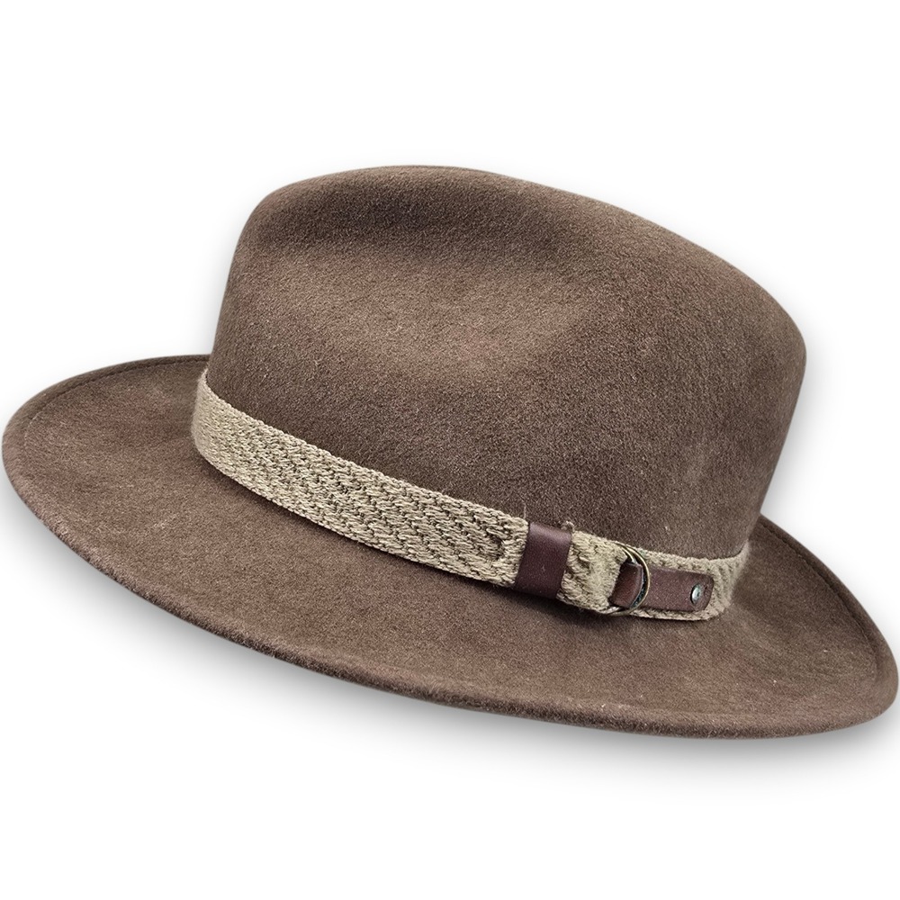 Dorfman Pacific Mens L Brown Wool Felt Fedora Hat Woven Band Leather Accent USA